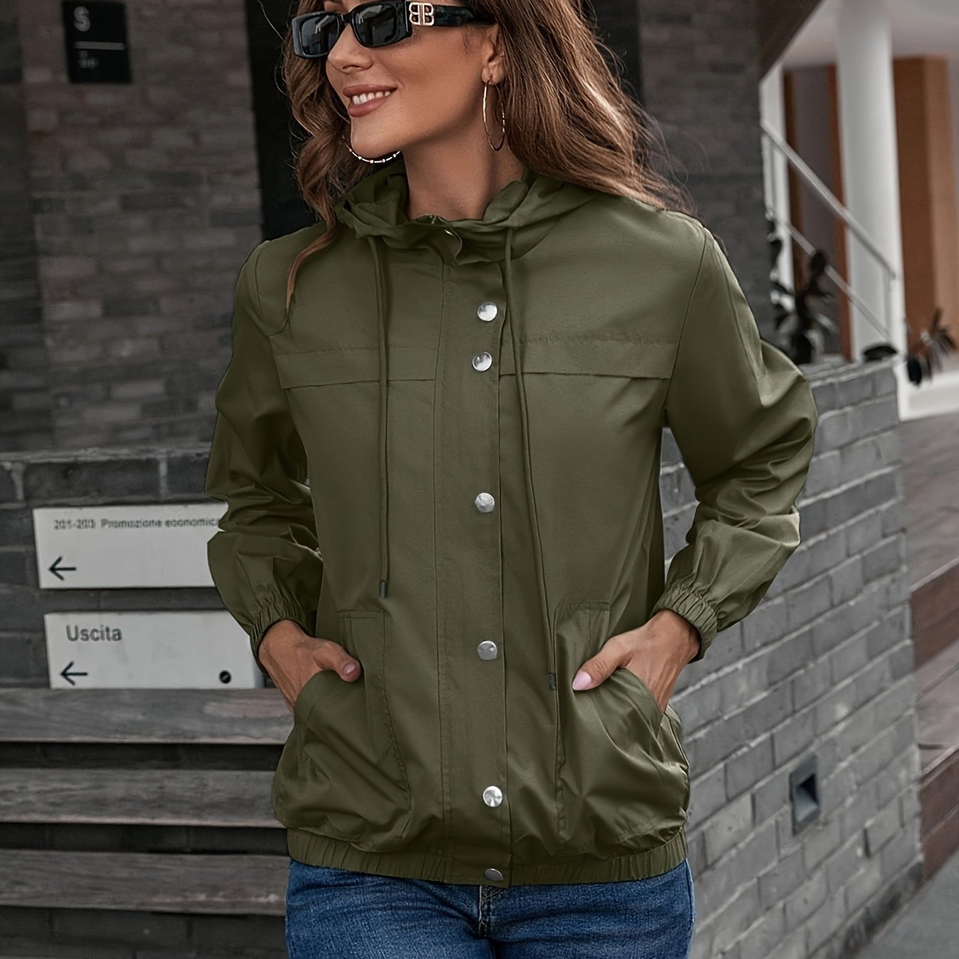 Drawstring Hooded Windproof Jacket, Casual Solid Long Sleeve Outerwear, Women's Clothing