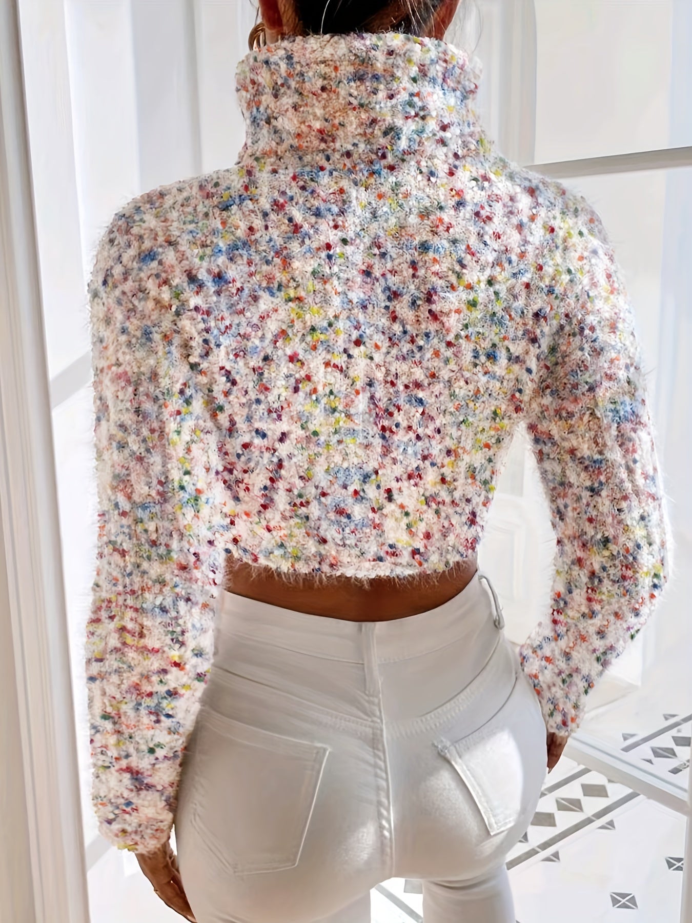 vlovelaw Colorful Dot Turtle Neck Pullover Sweater, Casual Long Sleeve Crop Sweater, Women's Clothing