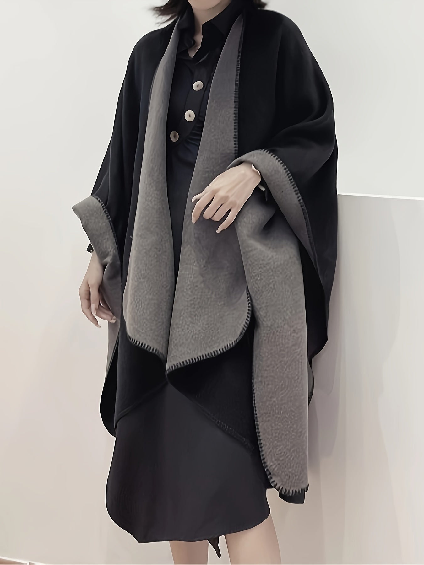 vlovelaw Plus Size Elegant Coat, Women's Plus Double-sided Batwing Sleeve Open Front Waterfall Collar Loose Fit Shawl Coat