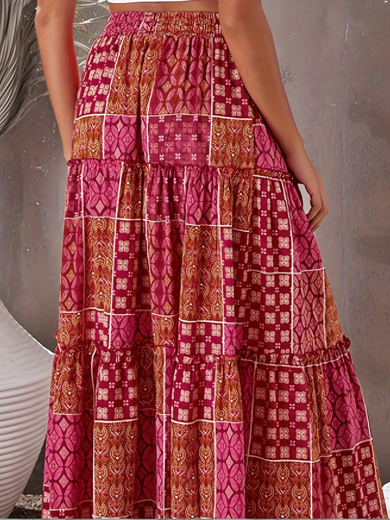 Plus Size Boho Skirt, Women's Plus Patchwork Print Elastic Drawstring High Rise Smock Maxi Skirt