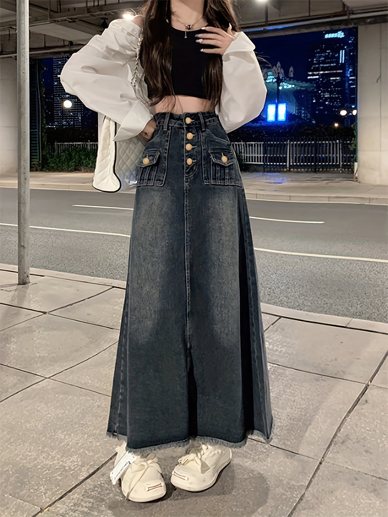 vlovelaw Black Frayed Trim Denim Midi Skirt, Single Breasted Button Flap Pockets Casual Denim Skirt, Women's Denim Clothing
