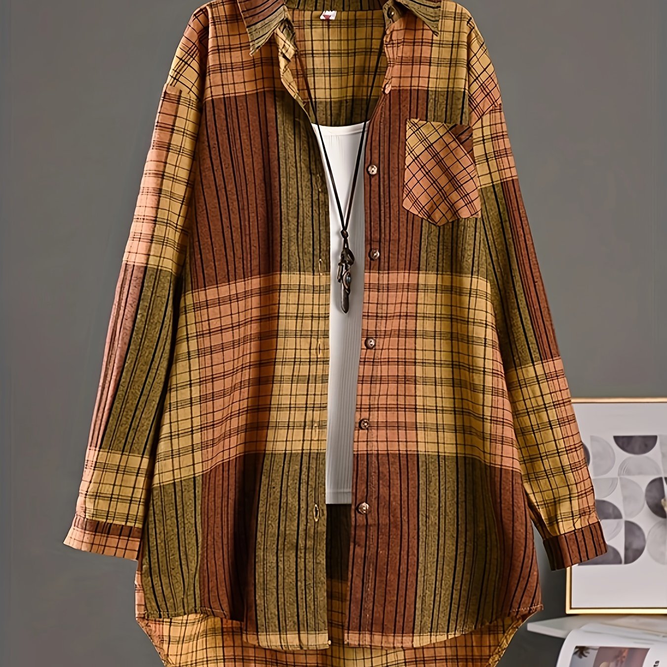 Colorblock Plaid Print Polo Collar Shirt, Casual Pocket Long Sleeve Shirt For Spring & Fall, Women's Clothing