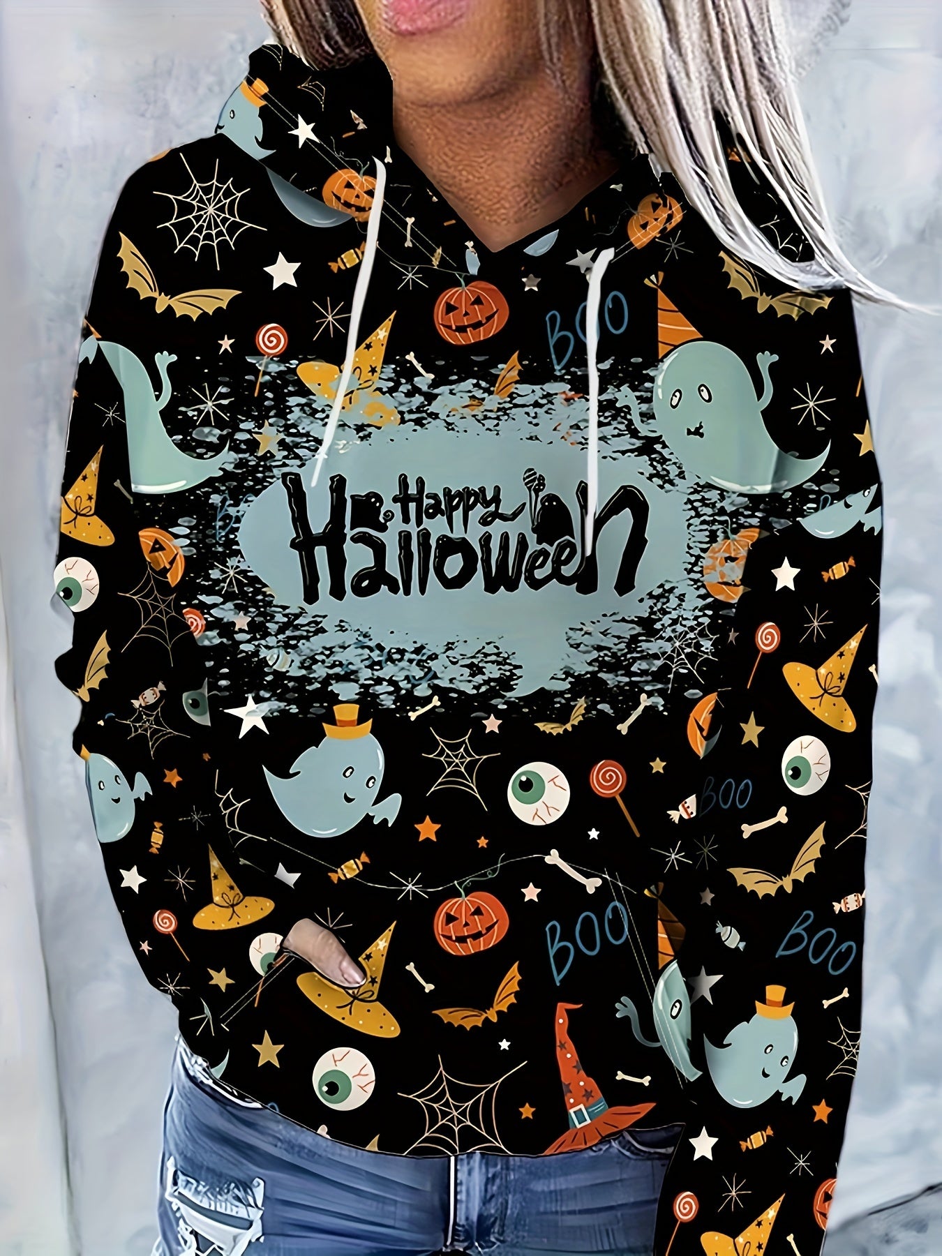 Halloween Ghost Graphic Sports Hooded Sweatshirts, Pumpkin Print Casual Drawstring Hoodies With Front Pocket, Women's Sporty Sweatshirts