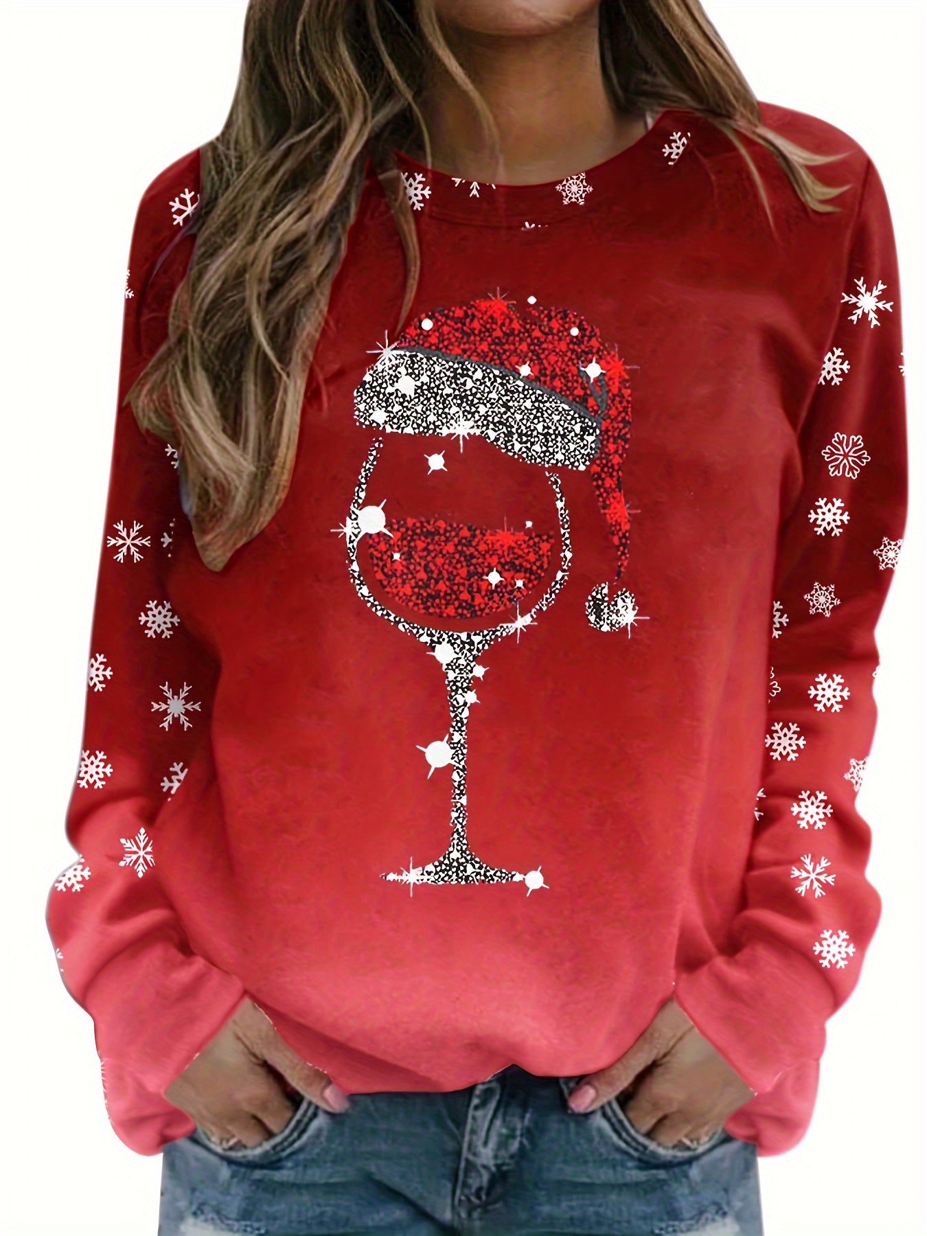 vlovelaw Christmas Snowflake Print Crew Neck Sweatshirt, Long Sleeve Casual Sports Pullover Top, Women's Clothing