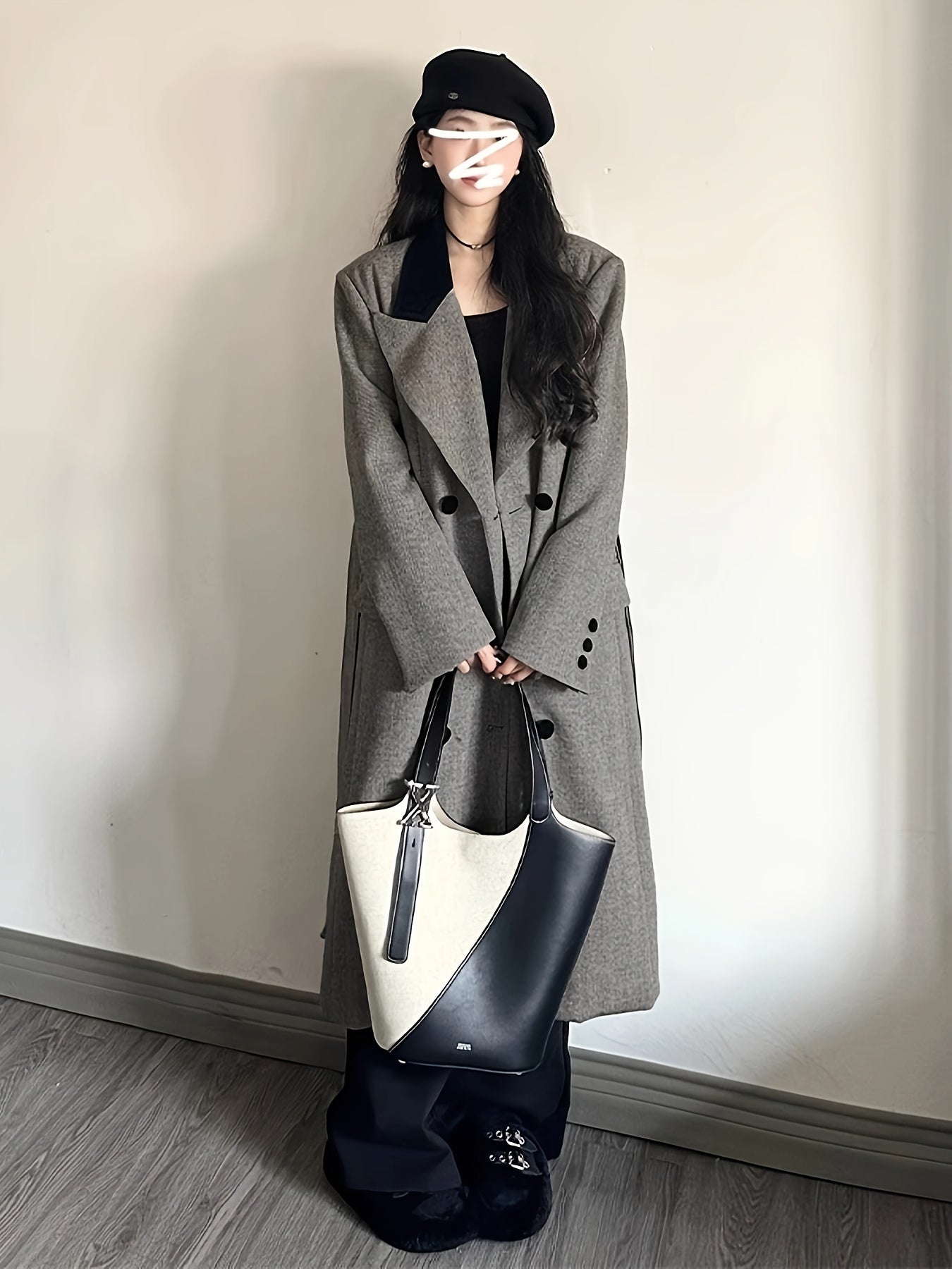 vlovelaw Color Block Double-breasted Coat, Casual Long Sleeve Back Vent Tie Lapel Overcoat For Fall & Winter, Women's Clothing