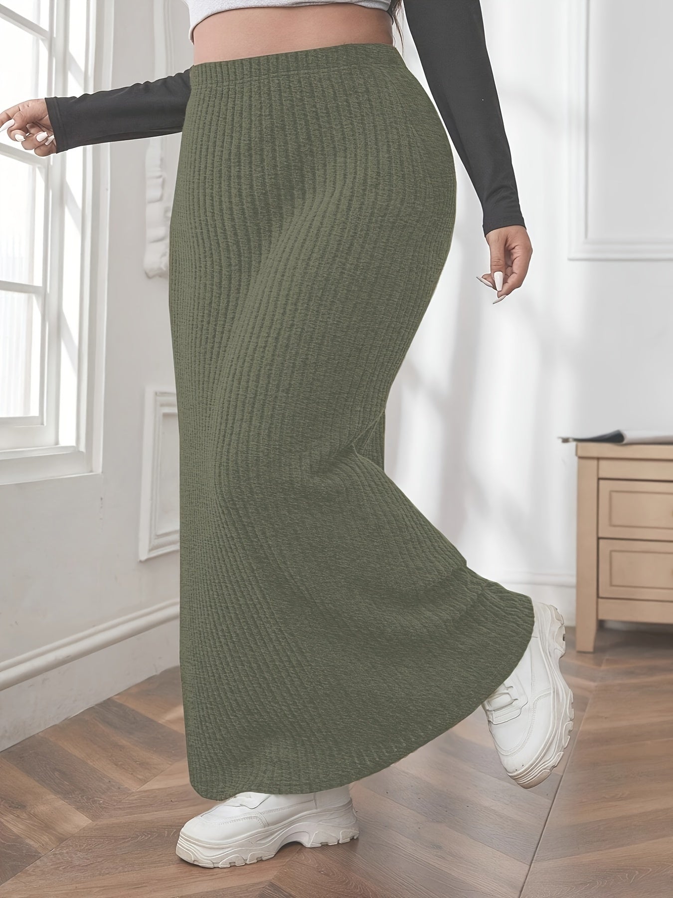 vlovelaw Plus Size Solid Ribbed Slim Skirt, Casual Every Day Elastic Waist Ankle Skirt, Women's Plus Size Clothing