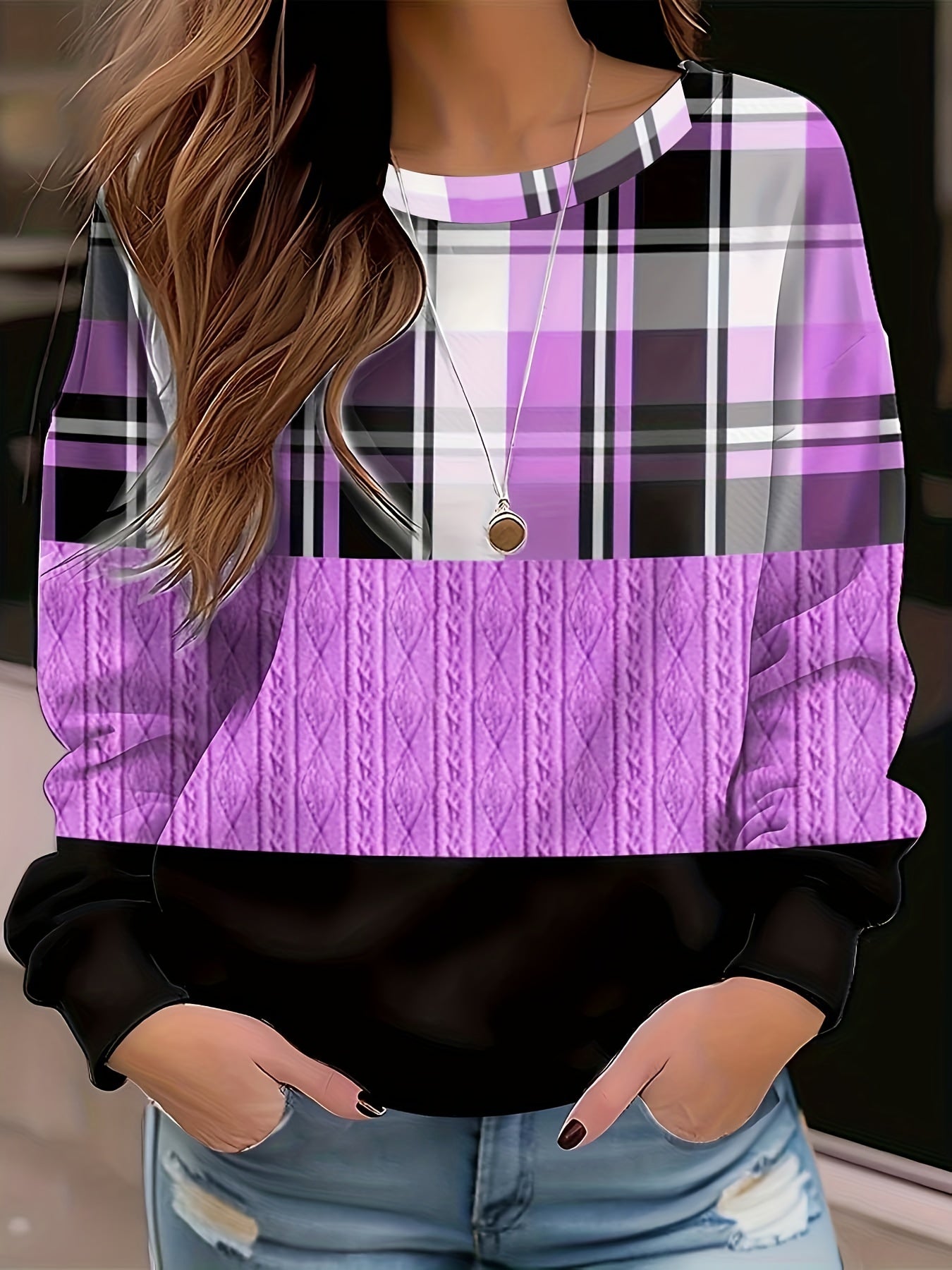 vlovelaw Color Block Plaid Print Sweatshirt, Casual Crew Neck Long Sleeve Sweatshirt, Women's Clothing