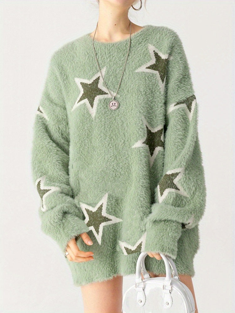 vlovelaw Star Pattern Crew Neck Sweater, Casual Long Sleeve Sweater For Fall & Winter, Women's Clothing