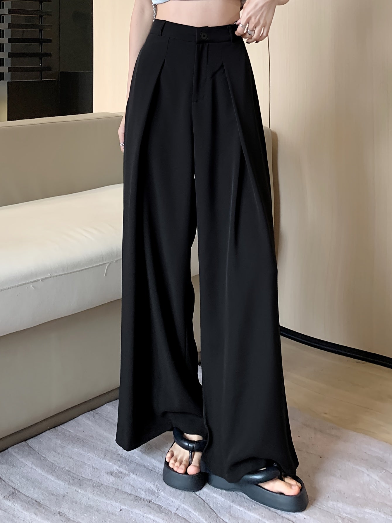 vlovelaw Solid Button Front Wide Leg Pants, Versatile High Waist Pants For Spring & Fall, Women's Clothing
