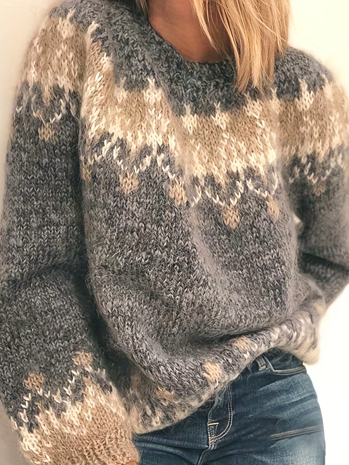 Color Block Mohair Chunky Knit Pullover Sweater, Casual Long Sleeve Raglan Shoulder Sweater For Fall & Winter, Women's Clothing