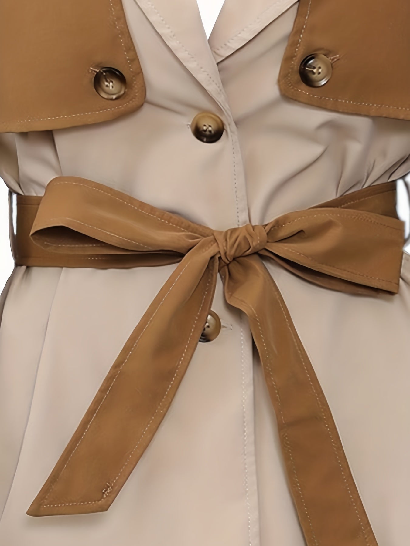 Color Block Belted Trench Coat, Elegant Long Sleeve Ruffle Cuff Coat, Women's Clothing