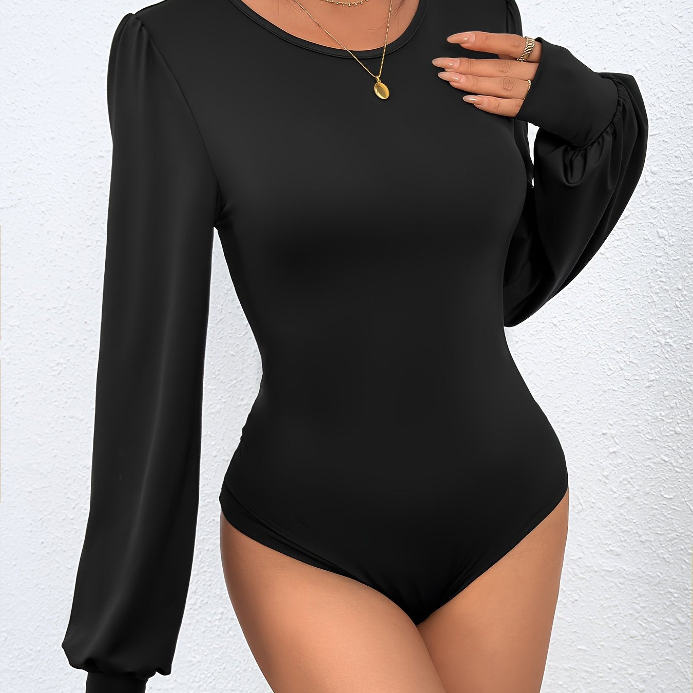 vlovelaw Solid Crew Neck Bodysuit, Elegant Lantern Sleeve Slim Bodysuit, Women's Clothing