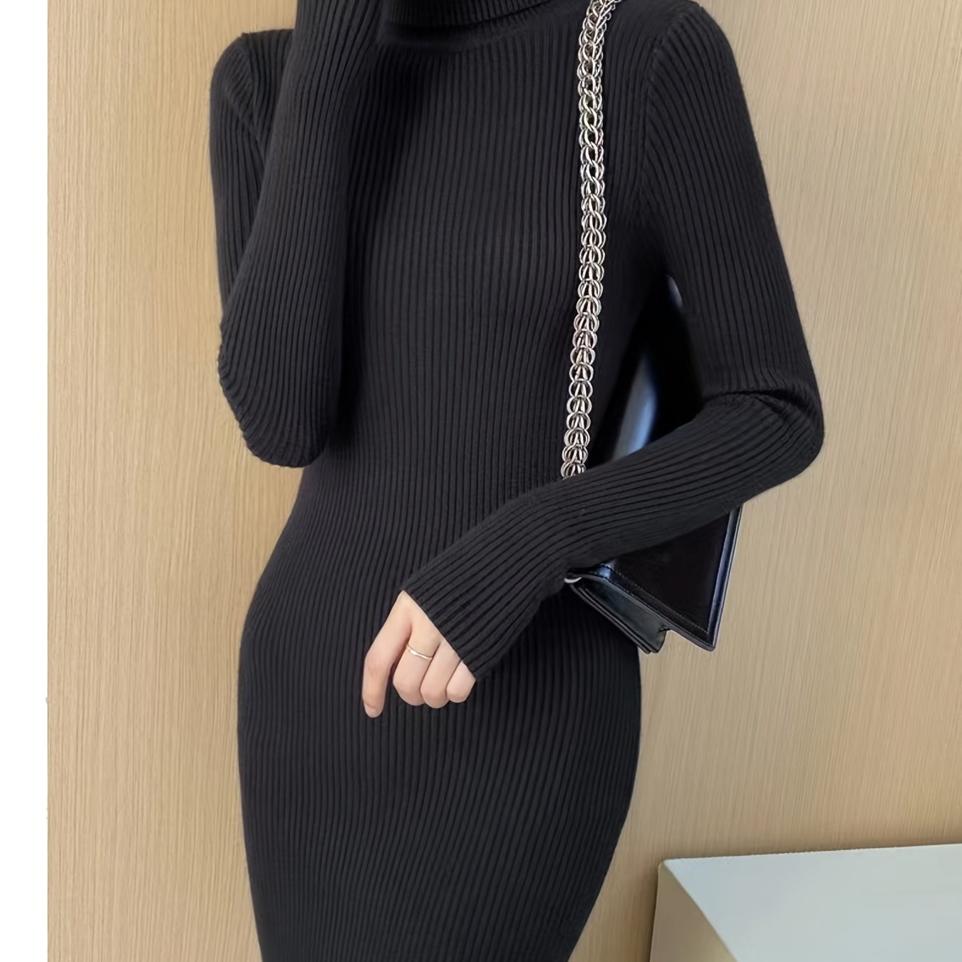 vlovelaw Elegant Solid Turtleneck Bodycon Dress, Long Sleeve Casual Every Day Dress For Winter & Fall, Women's Clothing