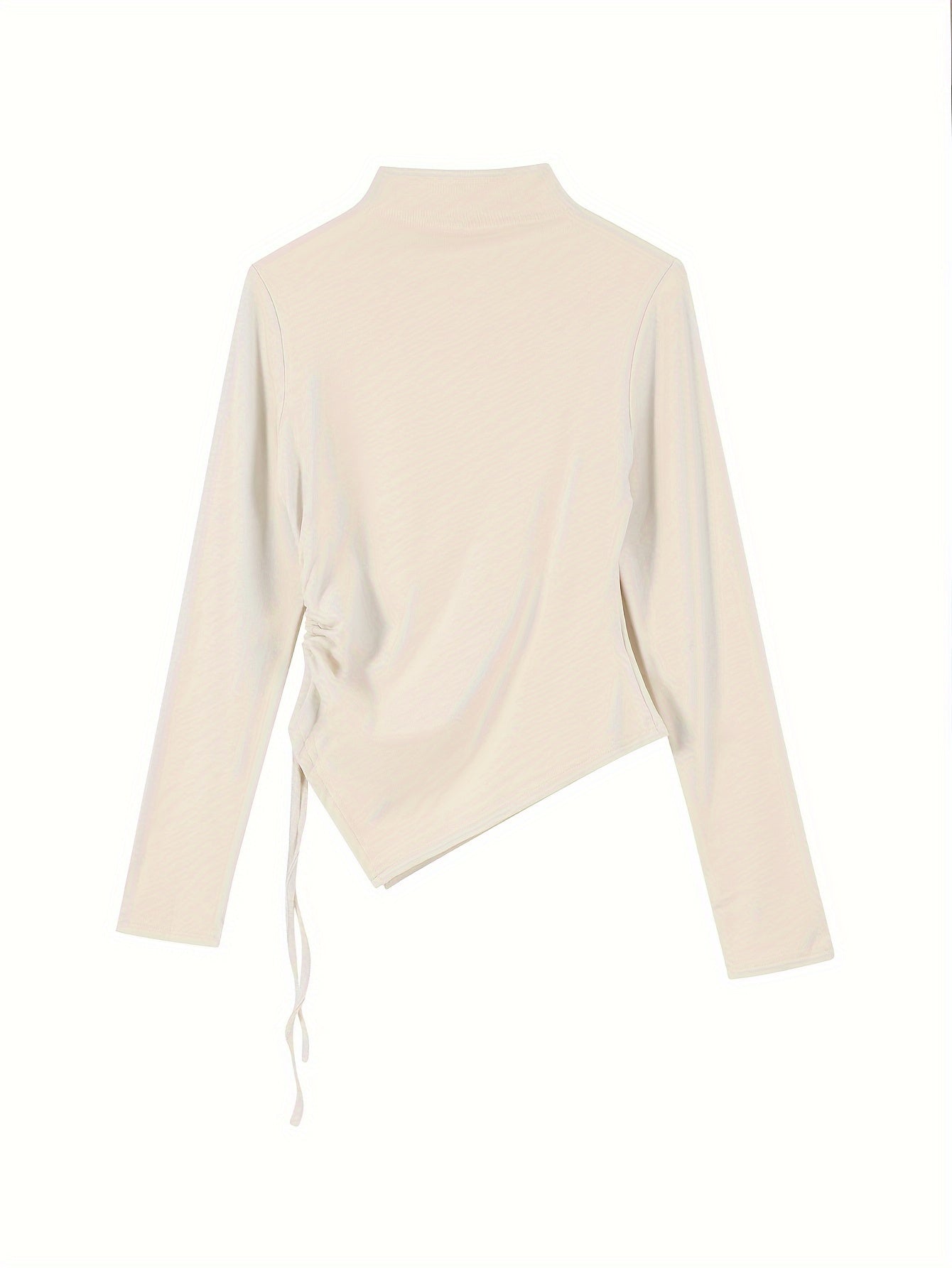 vlovelaw Solid Mock Neck Asymmetrical T-shirt, Casual Drawstring Side Long Sleeve Slim Top, Women's Clothing