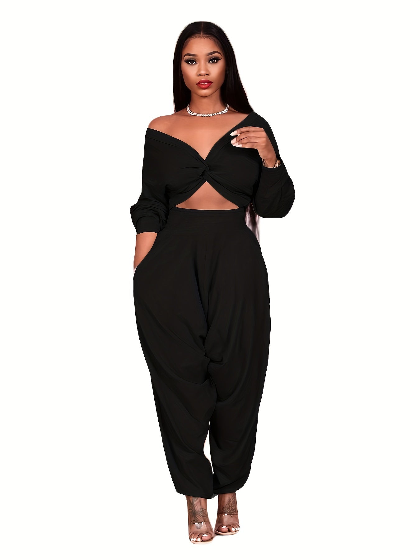 Solid Two Piece Set, V-neck Off Shoulder Crop Top & High Waist Elastic Pants, Women's Clothing