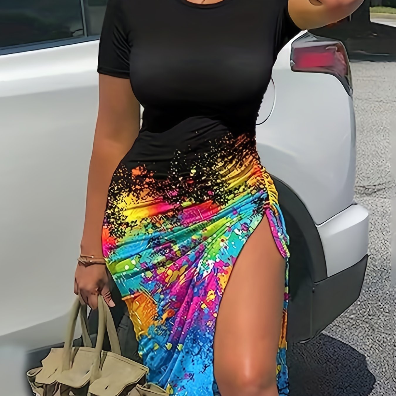 vlovelaw Ombre Print Ruched Dress, Side Slit Short Sleeve Crew Neck Casual Dress For Summer & Spring, Women's Clothing