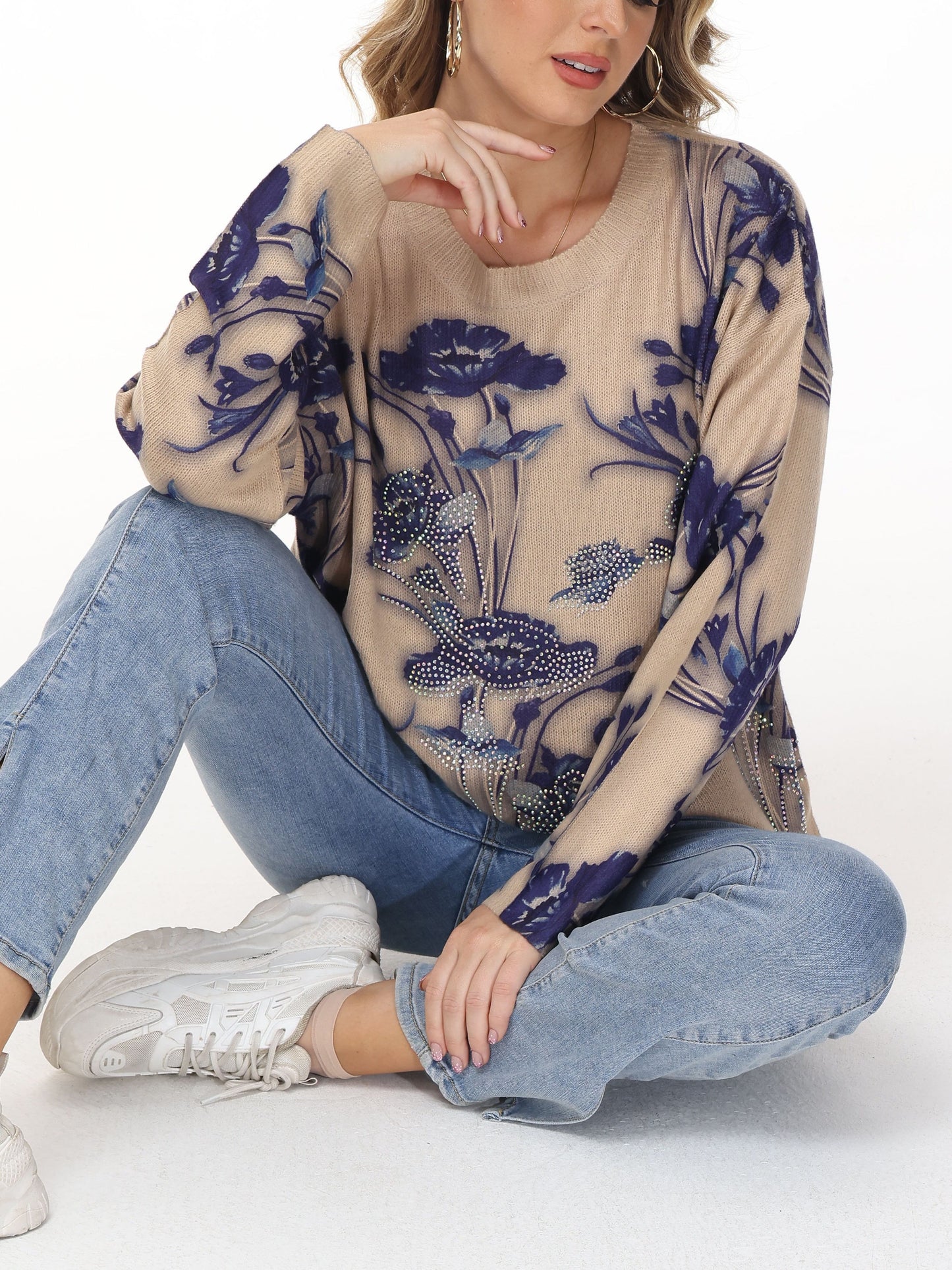 vlovelaw Floral Pattern Beaded Sweater, Casual Vintage Crew Neck Long Sleeve Pullover Sweater For Fall & Winter, Women's Clothing