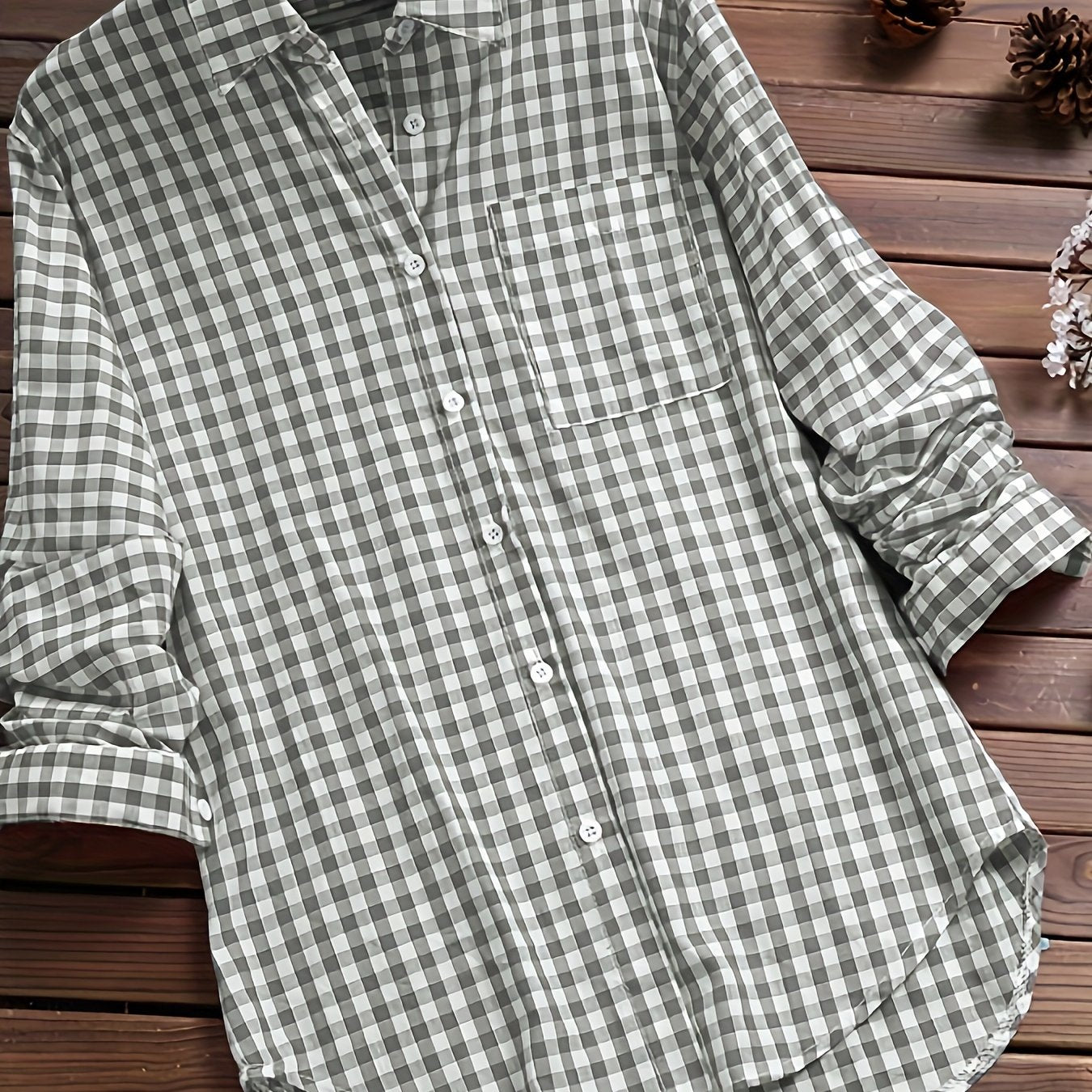 Gingham Print Classic Shirt, Vintage Button Front Long Sleeve Shirt With A Collar, Women's Clothing