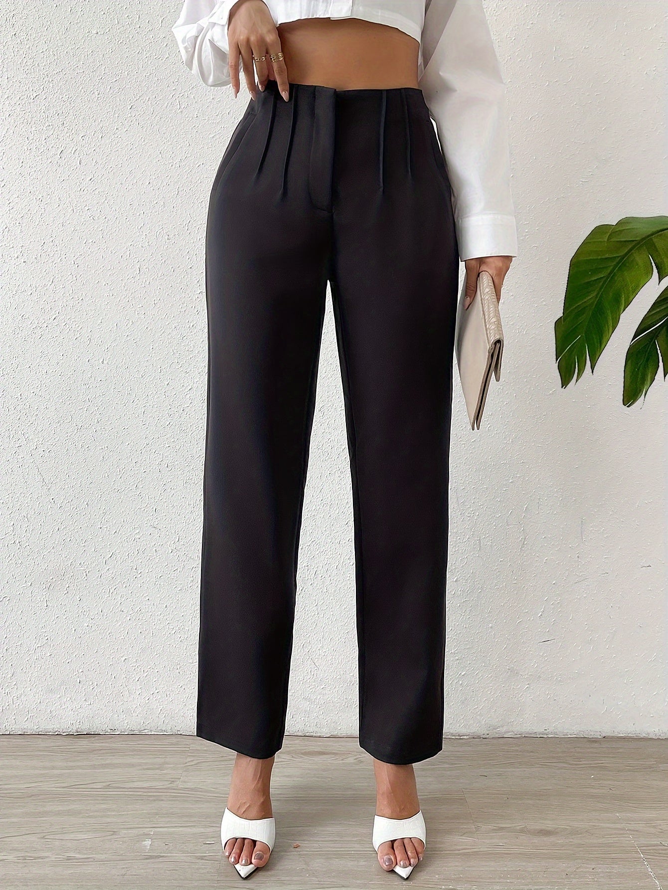 vlovelaw Solid High Waist Pants, Elegant Straight Leg Ruched Pants, Women's Clothing