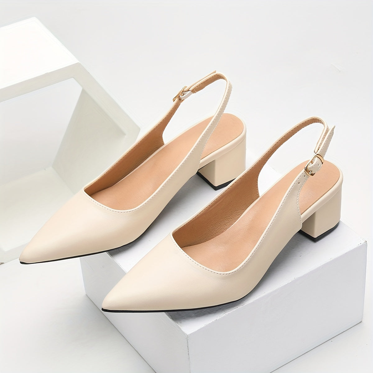 vlovelaw Elegant Women's Dress Pumps-Solid Color & Chunky Heels-Versatile Point Toe with Fashionable Slingback Buckle-Perfect for Evenings & Special Occasions