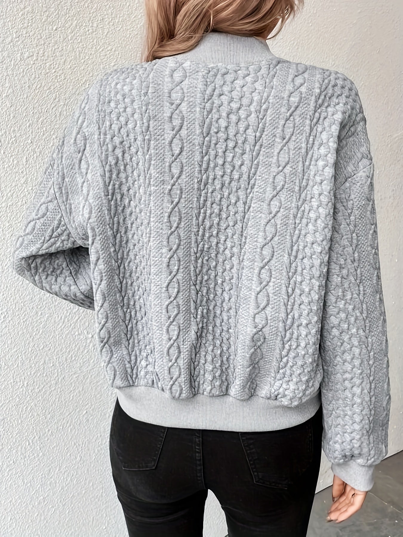 vlovelaw Solid Cable Knit Bomber Jacket, Casual Button Front Long Sleeve Outerwear, Women's Clothing