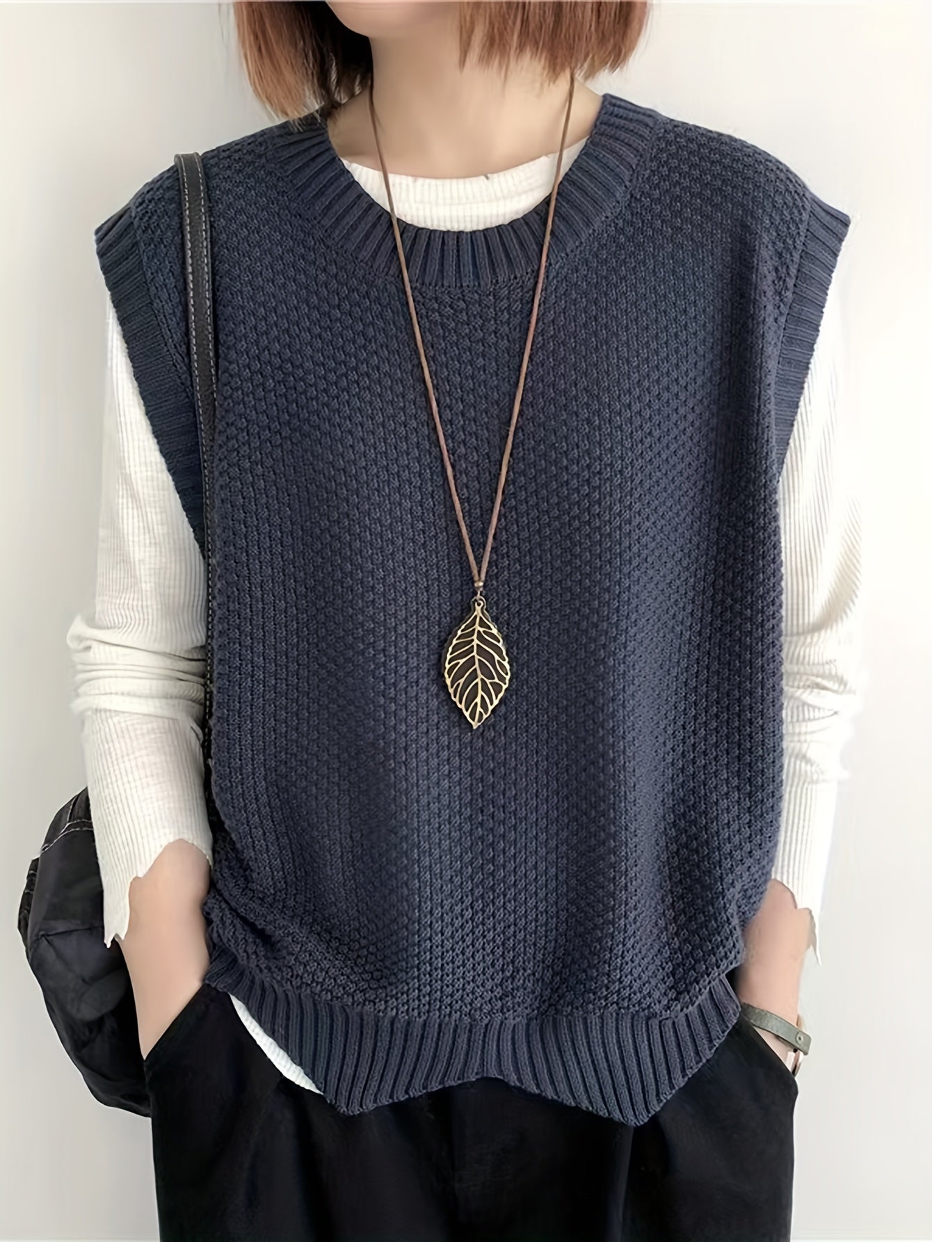 vlovelaw vlovelaw Solid Crew Neck Sweater Vest, Casual Sleeveless Vest For Spring & Fall, Women's Clothing