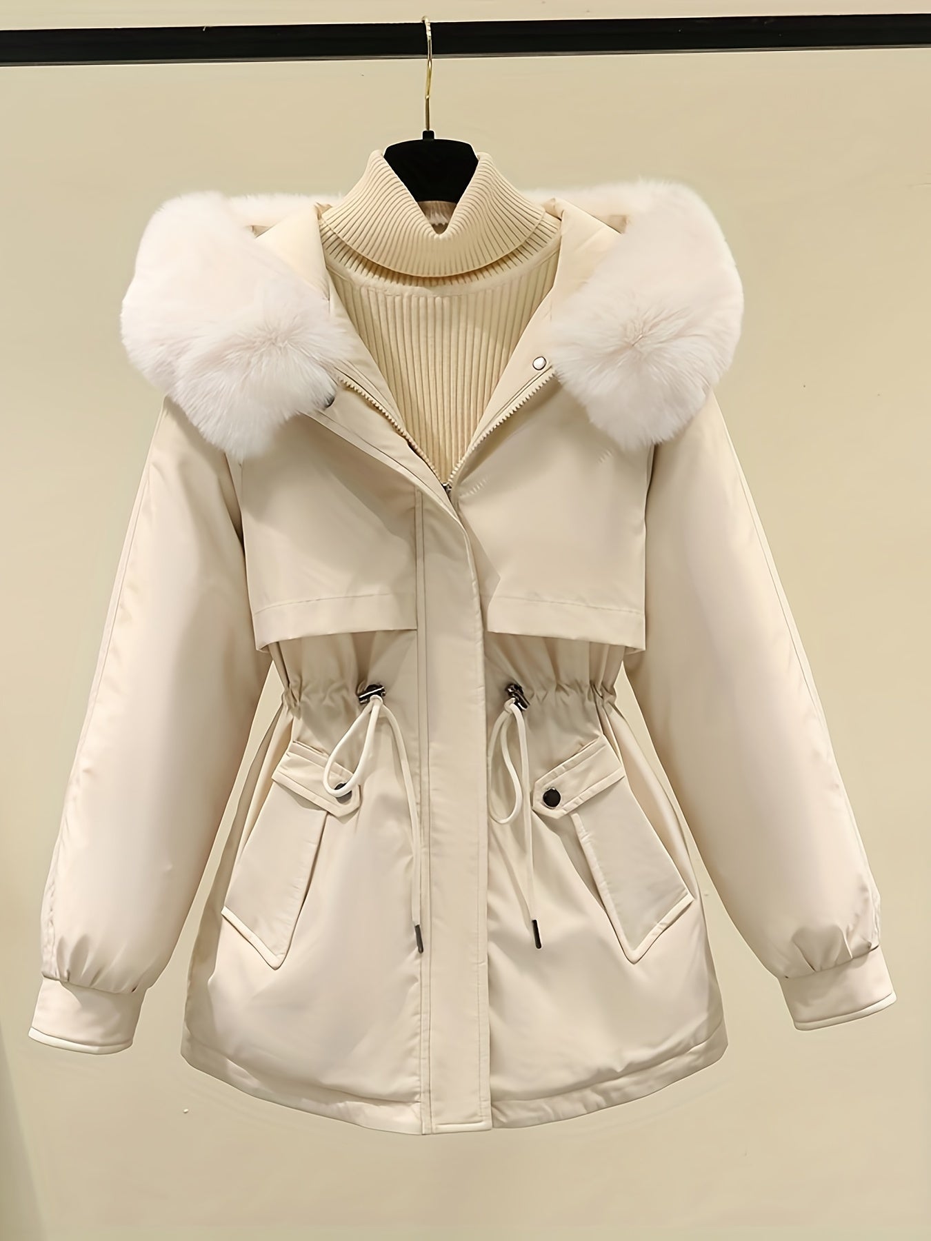 Women's Winter Parka - Casual Long Sleeve, Faux Fur Hooded Coat with Drawstring Waist & Plush Lining for Warmth