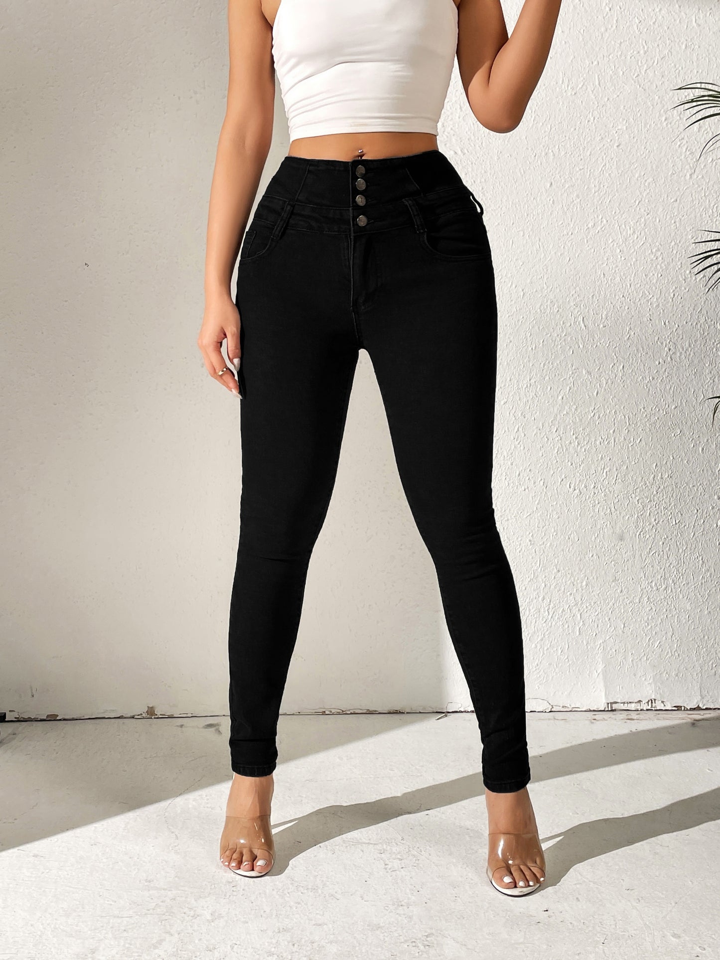 vlovelaw High Waist Solid Color Fit Women's Denim, High Stretch Slash Pockets Slim Trousers, Multi Crotch Buttons Curvy Black Pants, Women's Denim & Clothing