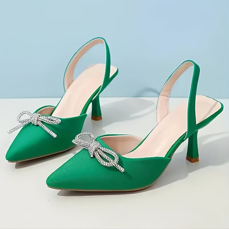 vlovelaw  Women's Rhinestone Bowknot Decor Sandals, Ankle Strap Slip On Elegant Dressy High Heels, Point Toe Party Banquet Shoes