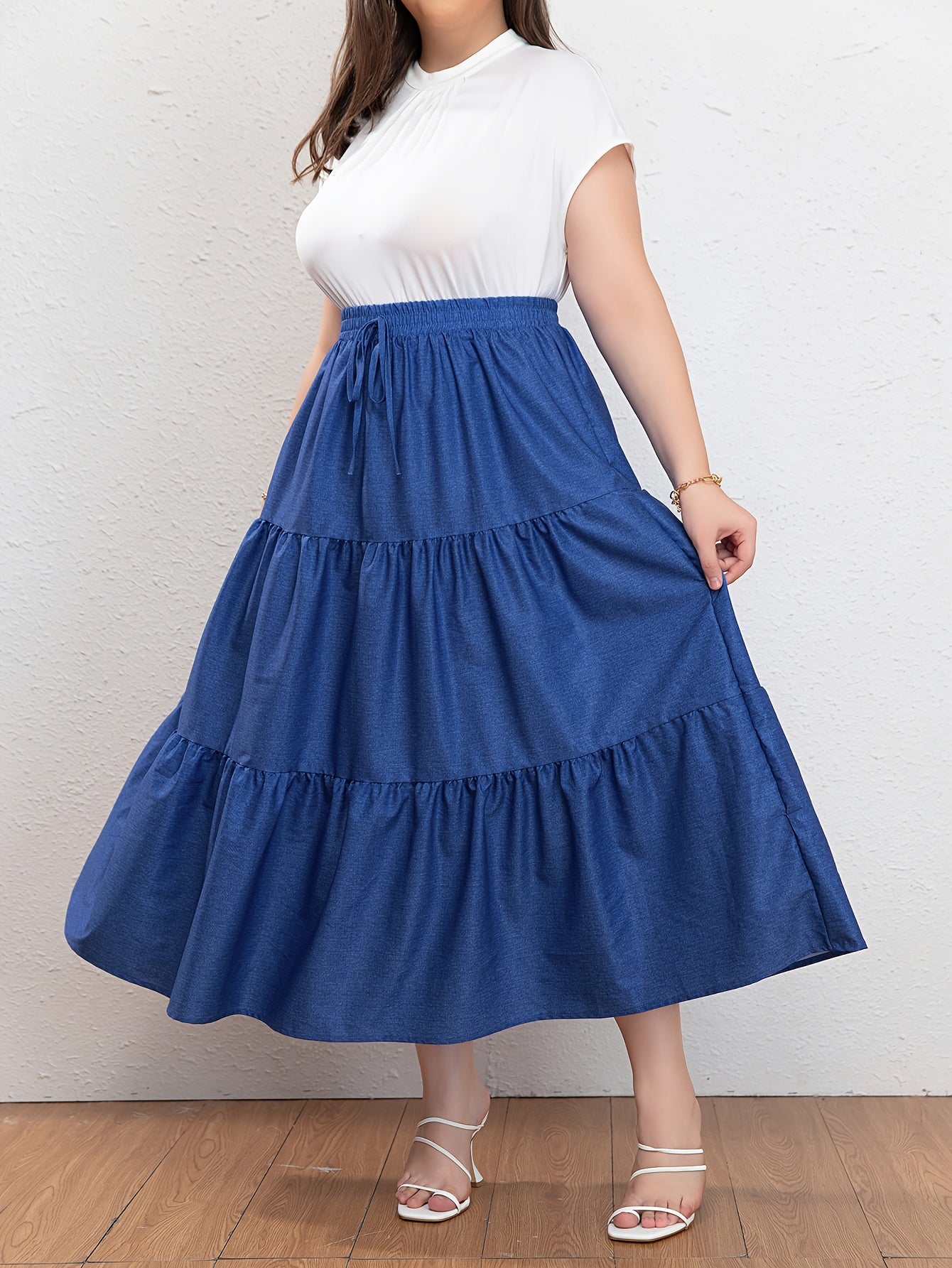 Plus Size Casual Skirt, Women's Plus Denim Print Drawstring Elastic High Rise Smock Skirt