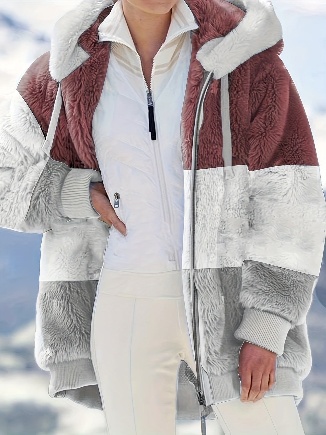 vlovelaw Plus Size Colorblock Fuzzy Hoodie Drawstring Zip Up Coat, Women's Plus Pocket Casual Overcoat