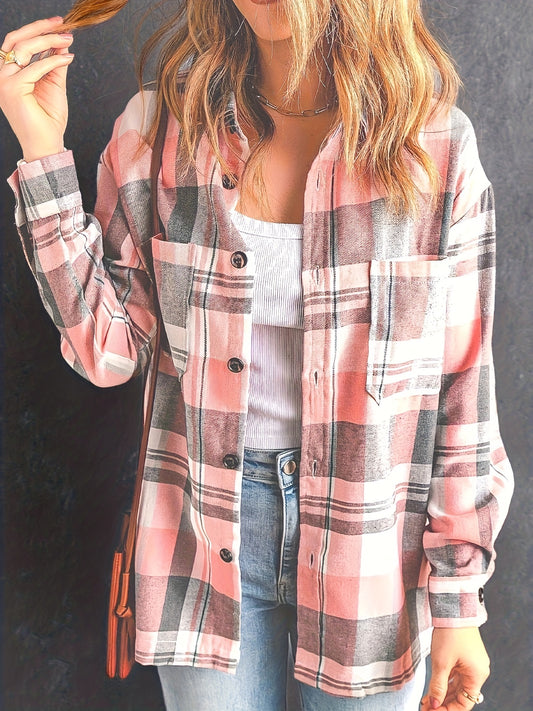 Plaid Print Classic Shirt, Casual Button Front Long Sleeve Shirt, Women's Clothing