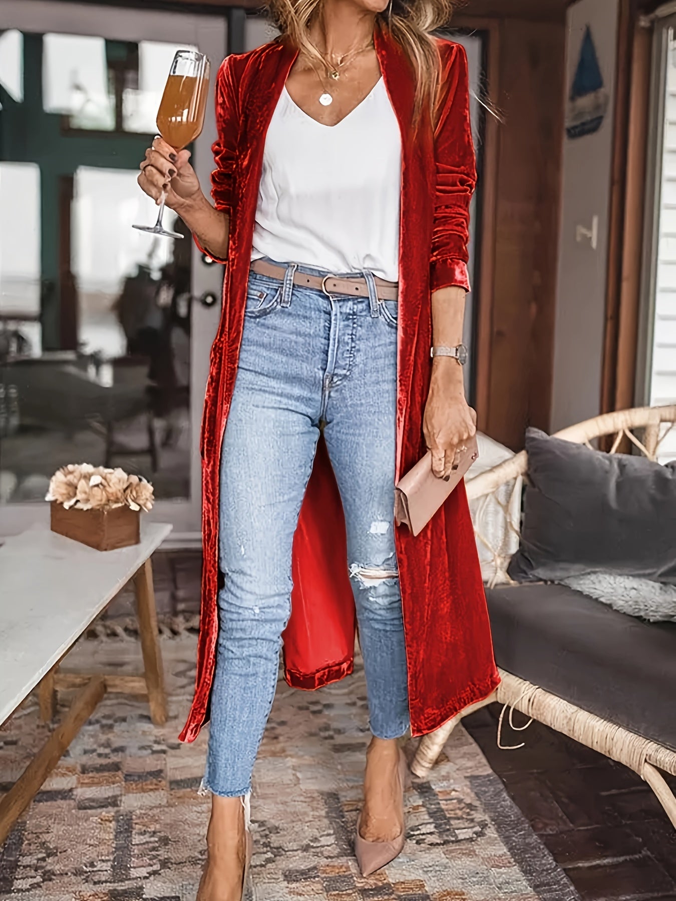 Velvet V-neck Loose Mid Length Cardigans, Casual Pocket Solid Color Long Sleeve Spring Fall Cardigan, Women's Clothing