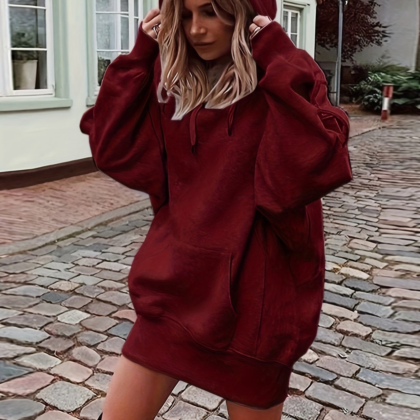 vlovelaw Solid Color Kangaroo Pocket Hoodie, Casual Long Sleeve Thigh Length Drawstring Hoodie Sweatshirt, Women's Clothing