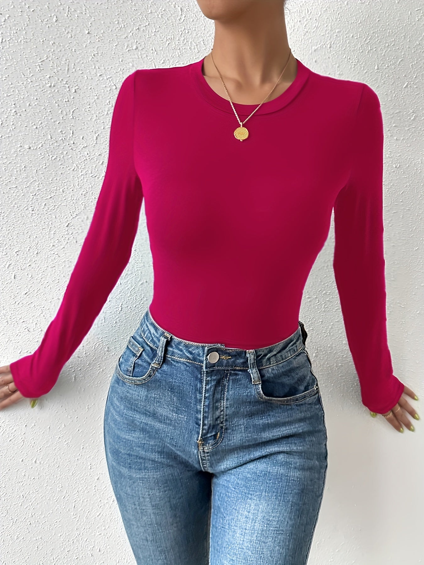 vlovelaw Basic Skinny Stretchy Top, Long Sleeve Crew Neck Solid T-Shirts, Casual Every Day Tops, Women's Clothing