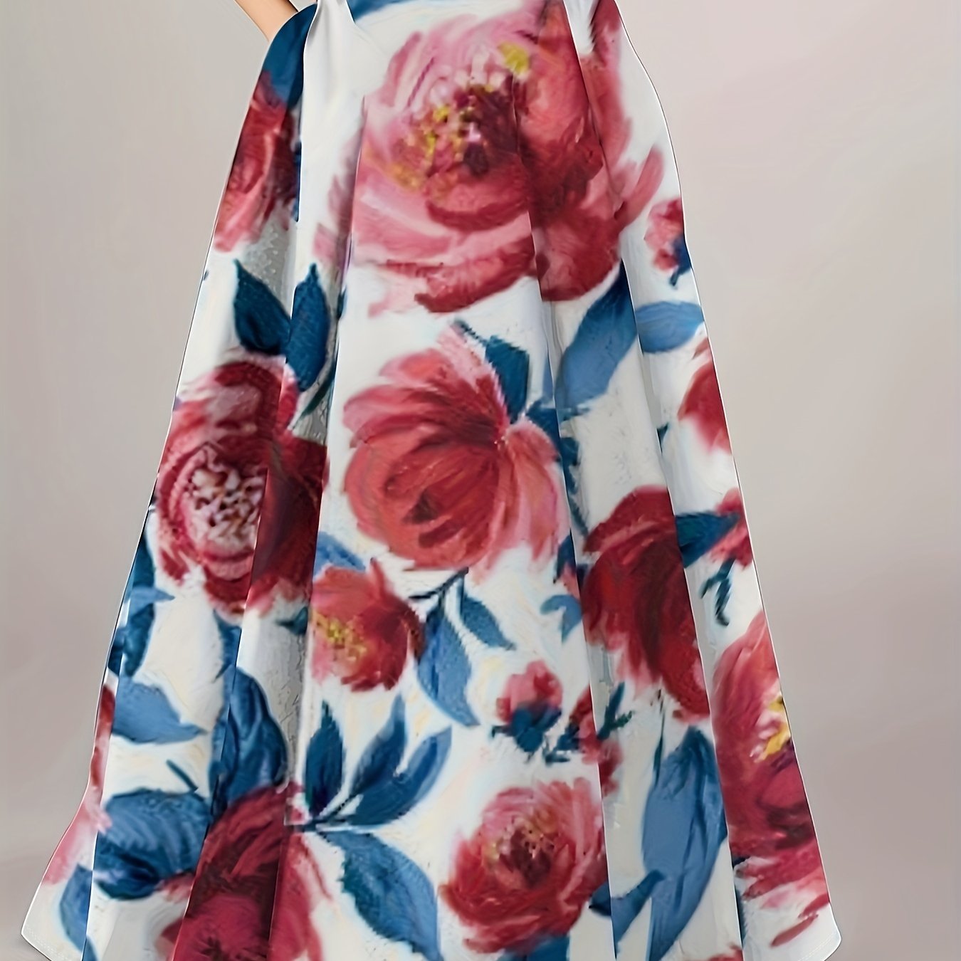 Plus Size Boho Skirt, Women's Plus Floral Print High Rise Medium Stretch Swing Pleated Maxi Skirt