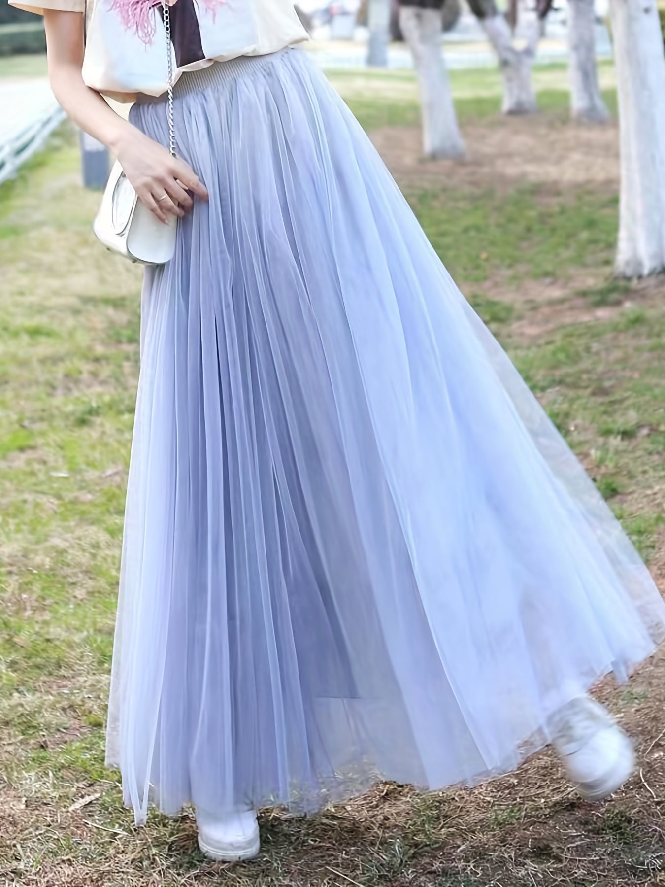 vlovelaw Mesh Pleated Skirts, Elegant High Waist Drawstring Maxi Skirts, Women's Clothing