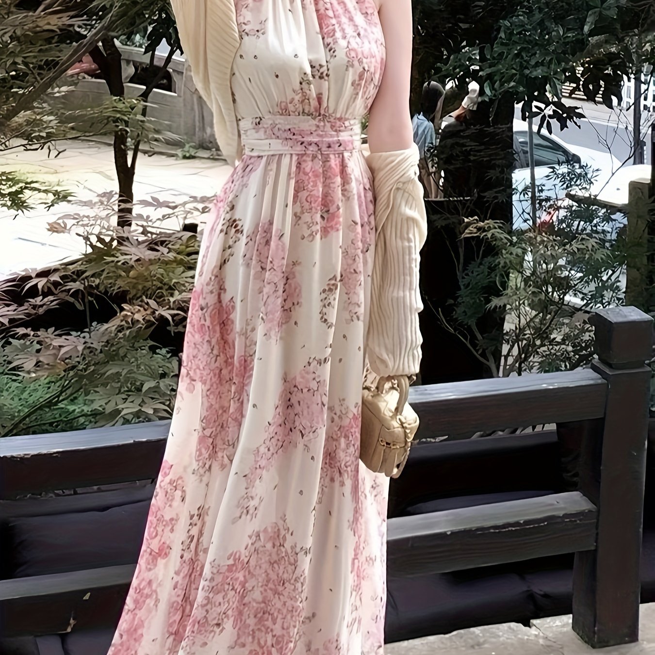 vlovelaw Lace Up Floral Print Halter Neck Dress, Elegant Sleeveless Dress For Spring & Summer, Women's Clothing