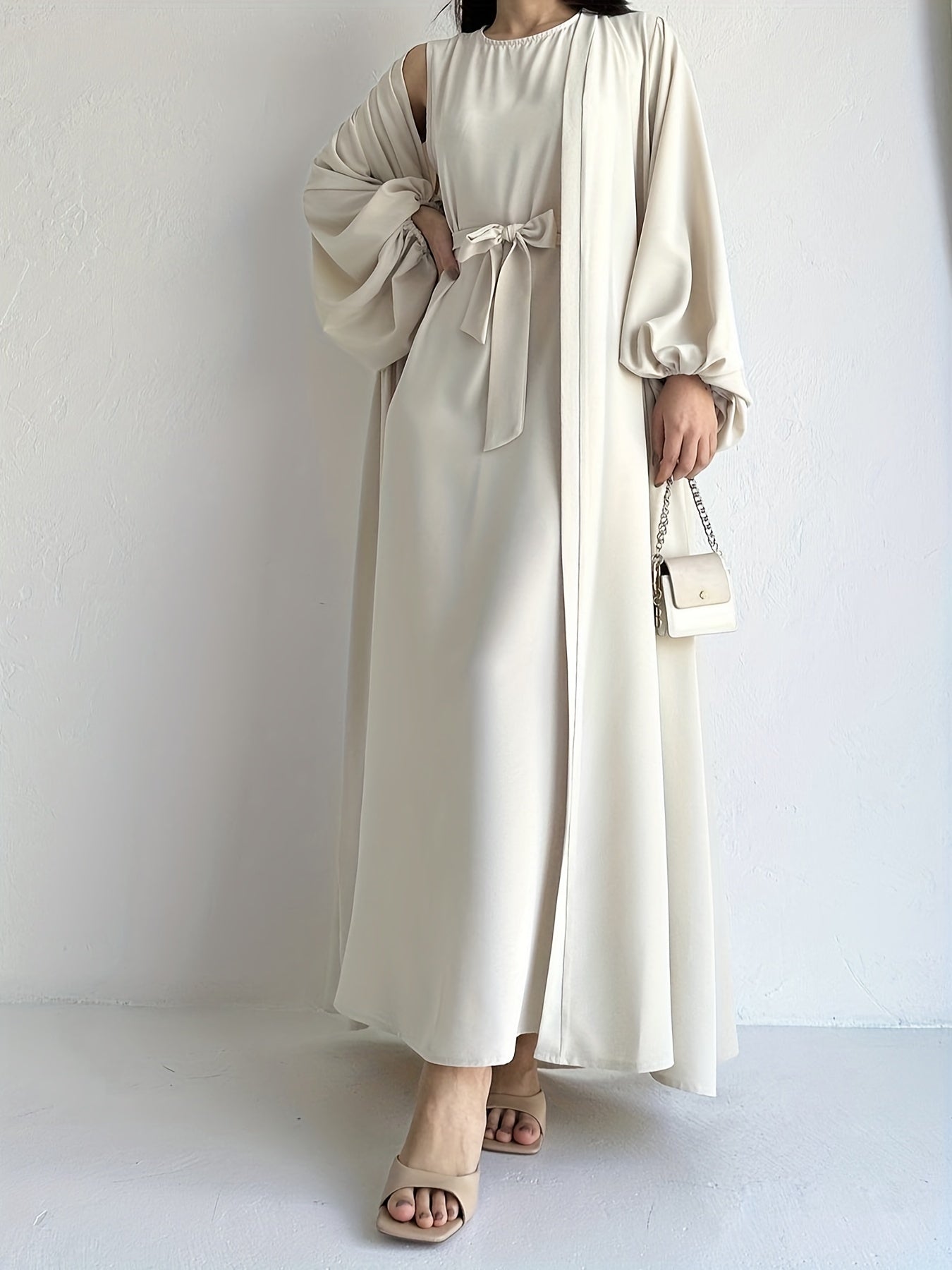 vlovelaw Ramadan Elegant Solid Two-piece Set, Open Front Coverup & Tie Waist Abayas Outfits, Women's Clothing