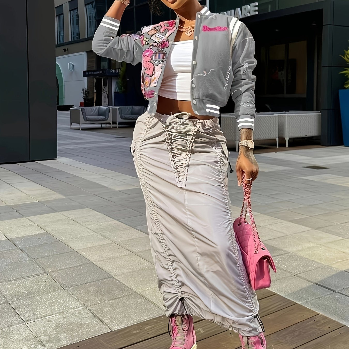 vlovelaw  Button Front Bomber Jacket, Streetwear Long Sleeve Jacket For Fall & Winter, Women's Clothing