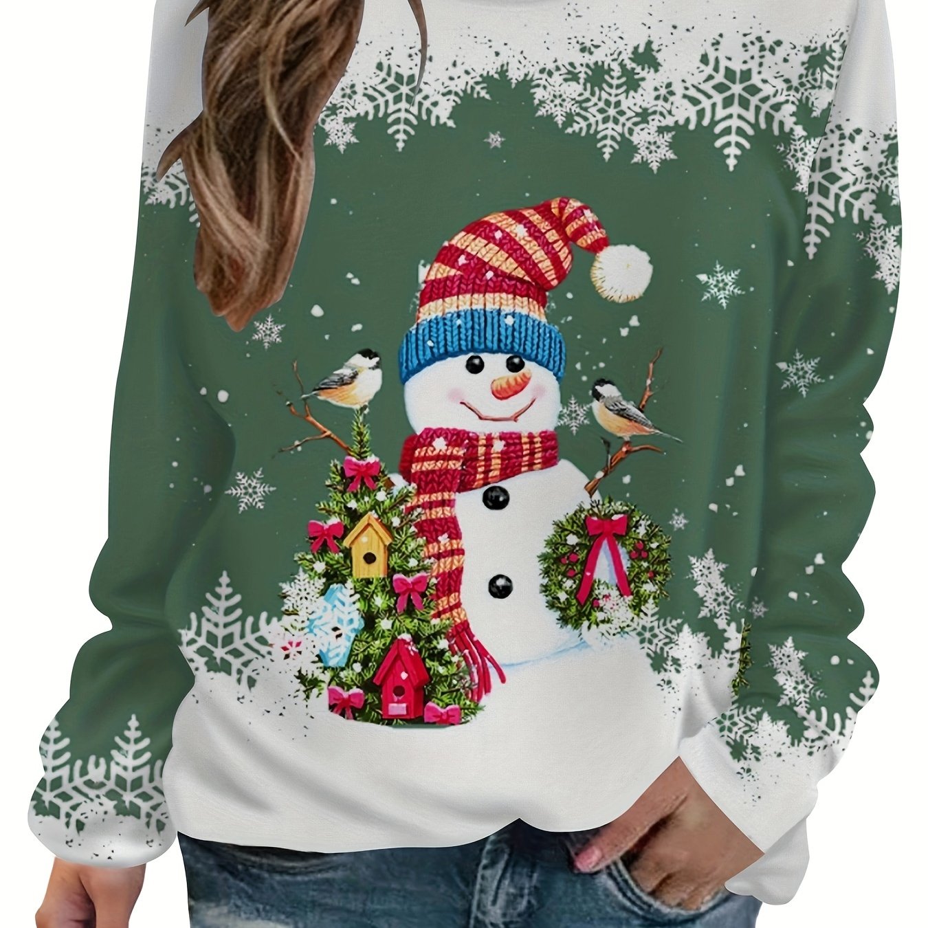 vlovelaw Christmas Snowman Printed Warm Sports Sweatshirts, Long-sleeved Round Neck Casual Sports Pullover Tops For Winter And Autumn, Women's Sporty Sweatshirts