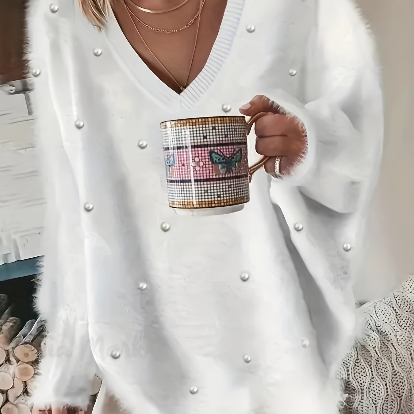 Rhinestone V Neck Fuzzy Sweater, Casual Long Sleeve Loose Sweater, Women's Clothing