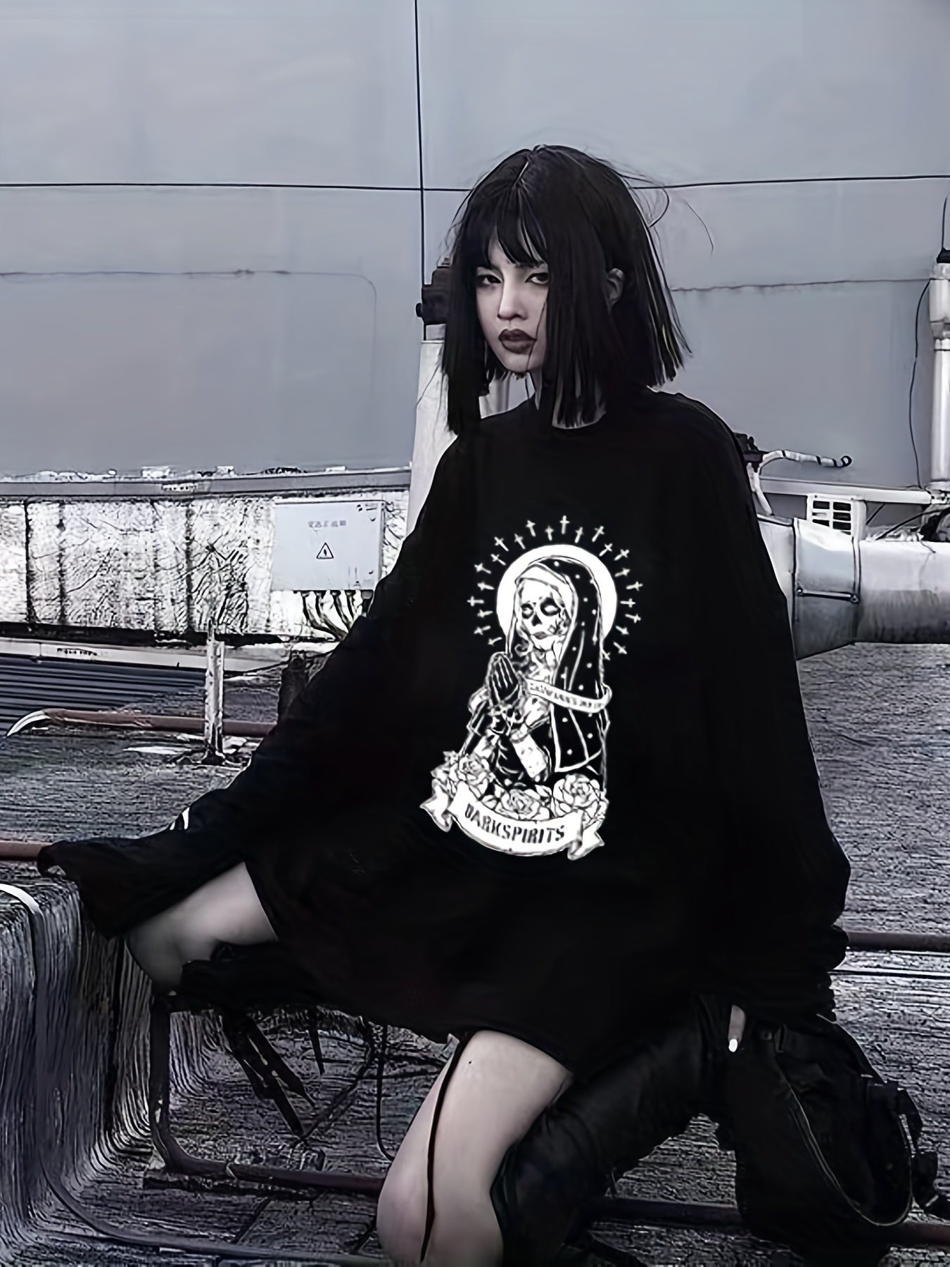 Skeleton Print Crew Neck T-Shirt, Y2K Long Sleeve Top For Spring & Fall, Women's Clothing