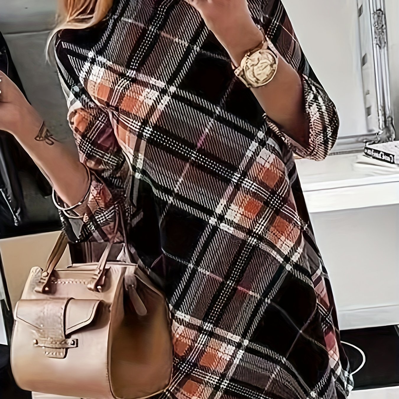 vlovelaw Plaid Print Mock Neck Dress, Elegant Long Sleeve Above Knee Dress, Women's Clothing