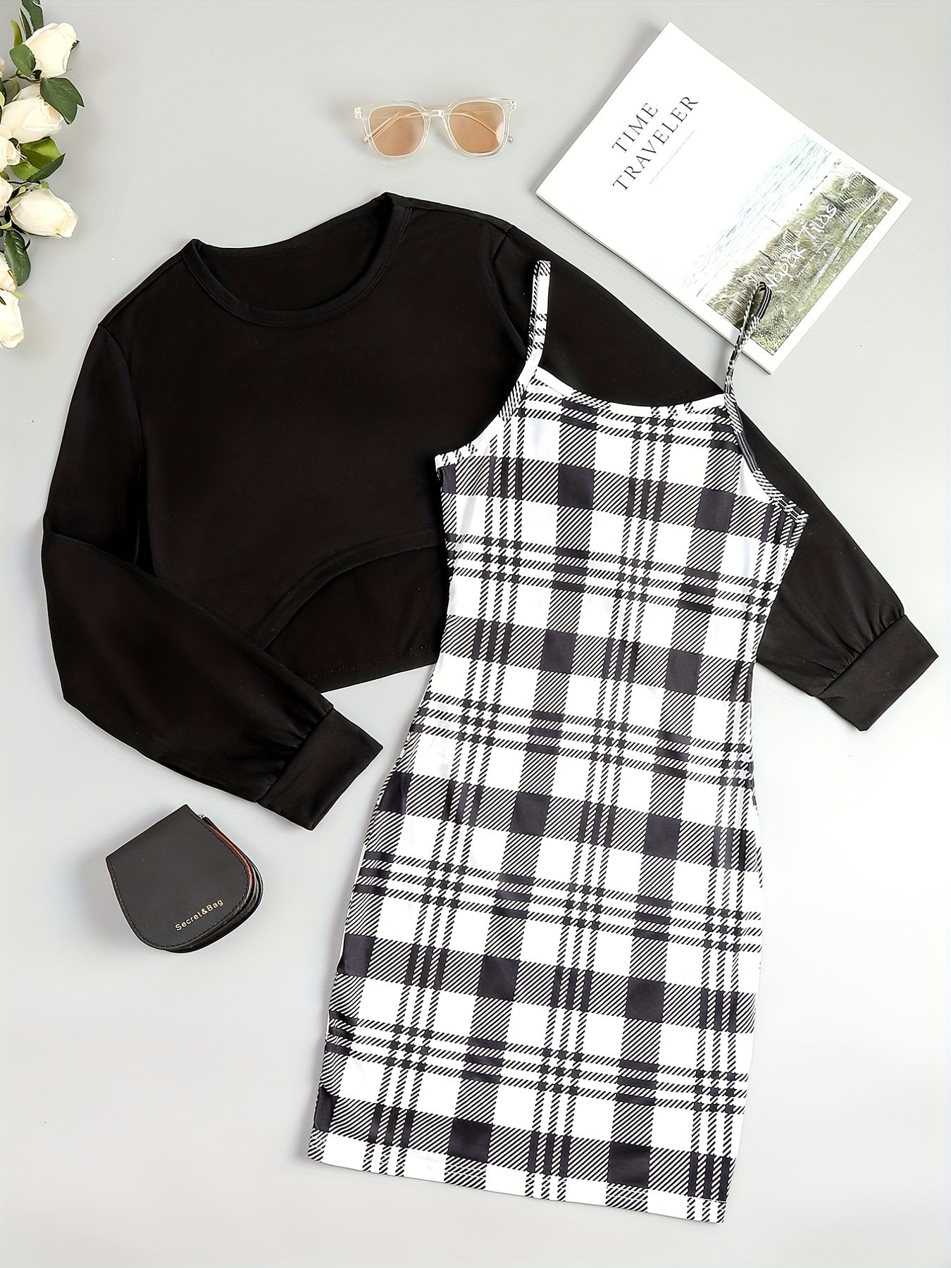 vlovelaw Casual Two-piece Dress Set, Asymmetrical Hem Long Sleeve Crop T-shirt & Plaid Pattern Cami Dress Outfits, Women's Clothing