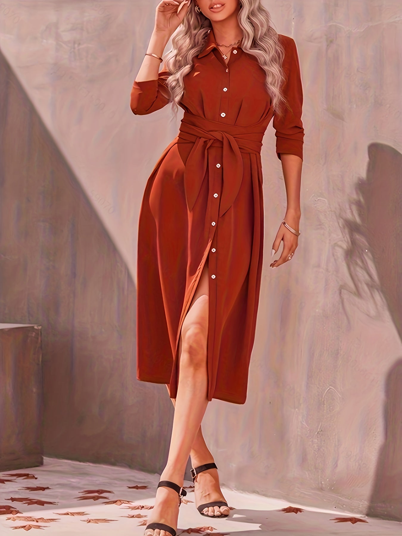 vlovelaw Button Front Long Sleeve Dress, Elegant Solid Midi Dress, Women's Clothing