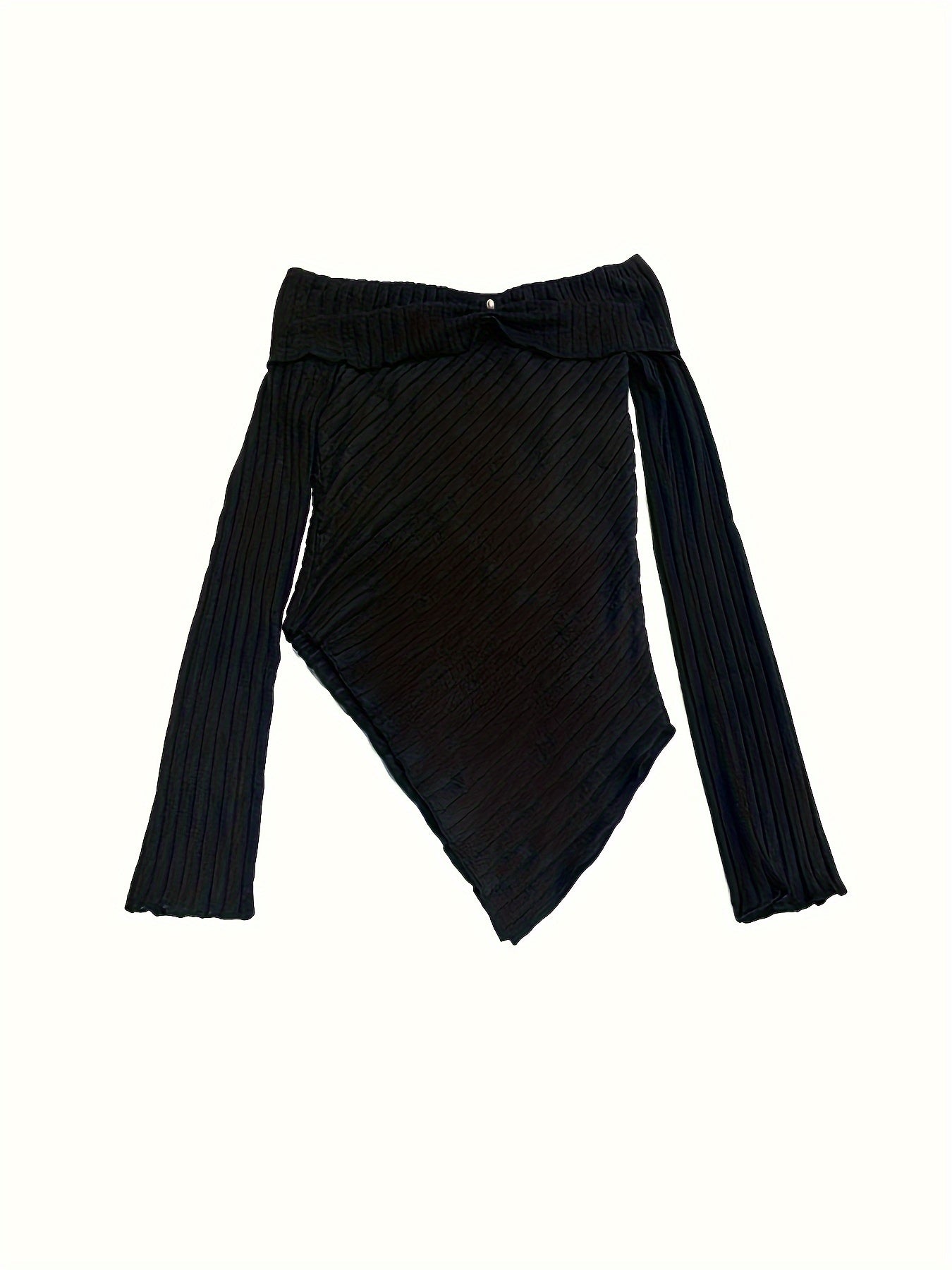 vlovelaw Beaded Off Shoulder Knitted Top, Casual Ruched Long Sleeve Asymmetrical Hem Slim Sweater, Women's Clothing