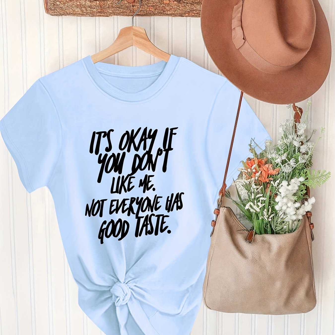 Plus Size Slogan Print Short Sleeve T-shirt, Women's Plus Slight Stretch Round Neck Casual T-shirt