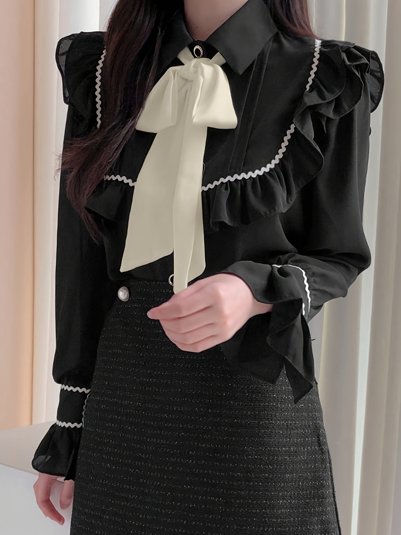 vlovelaw Colorblock Ruffle Trim Tie Neck Blouse, Elegant Long Sleeve Blouse, Women's Clothing