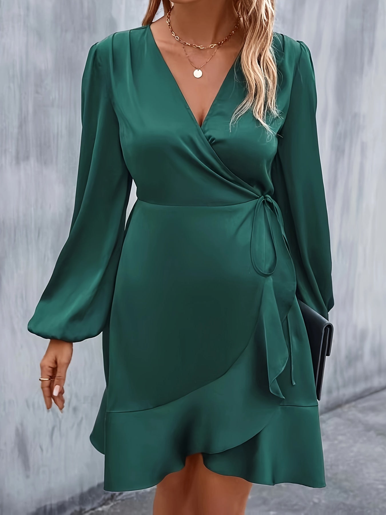 vlovelaw Solid V Neck Dress, Elegant Long Sleeve Dress For Spring & Fall, Women's Clothing